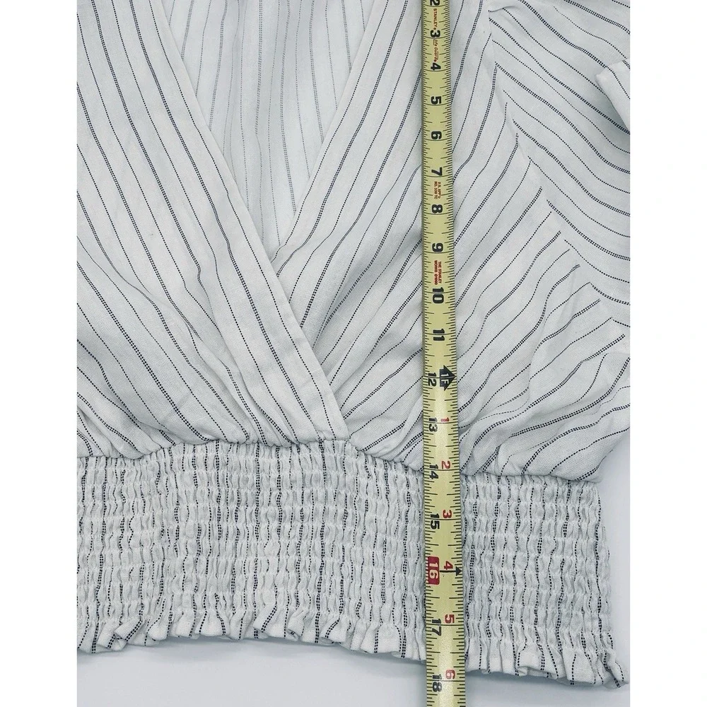 Zara Linen Blend Pin-striped Cross Wrapped Crop Top Smocked Waist 3/4 Puff XL